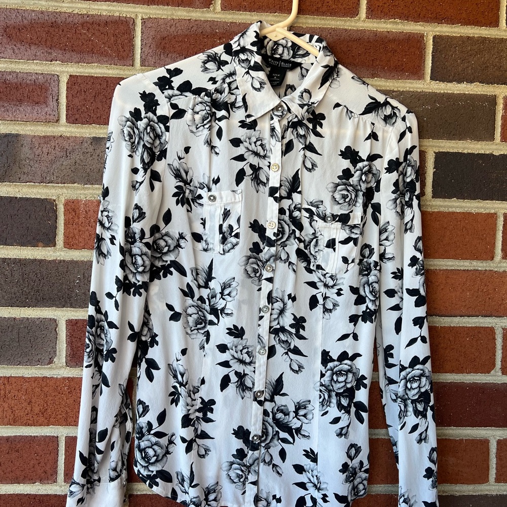 White House Black Market Floral Black and White women's Shirt
